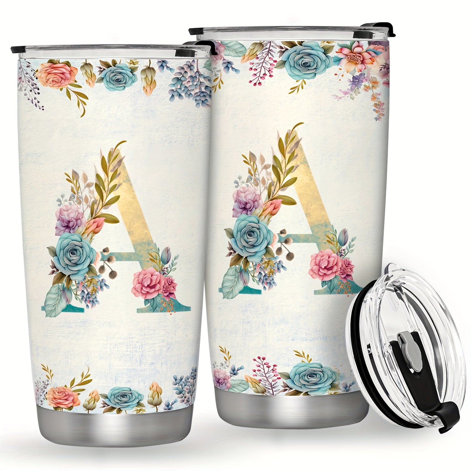20oz Stainless Steel Tumbler with Monogram Floral Design Leak Proof Lid for Outdoor Use