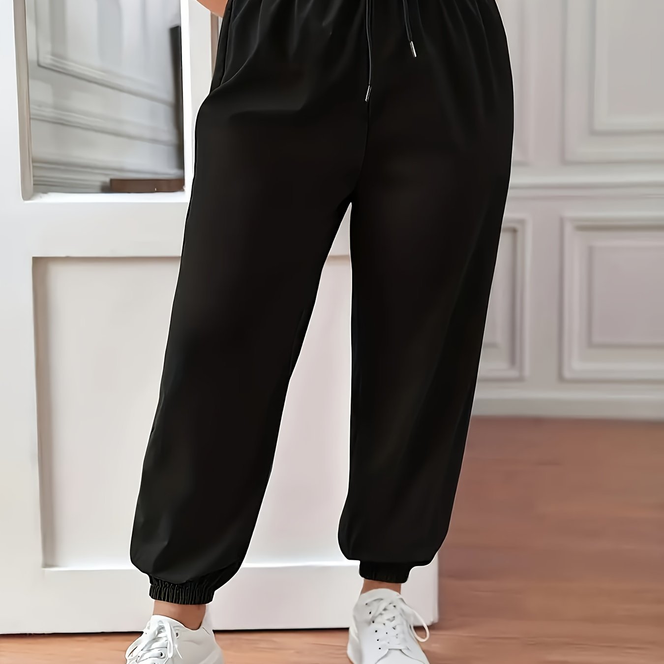 Plus Size Solid Fitted Joggers with Drawstring Waist for Spring Summer Casualwear Women