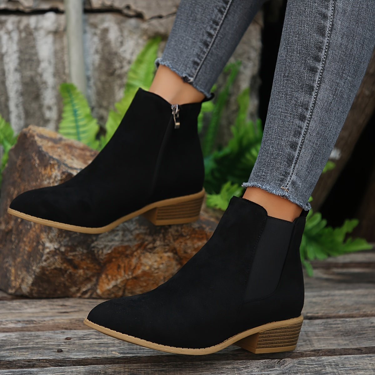 Women's Ankle Short Boots Leather Side Zipper Pointed Toe Chunky Heel