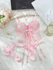 Pink Floral Embroidery Lingerie Set with Garter Belt and Stockings 4-Piece