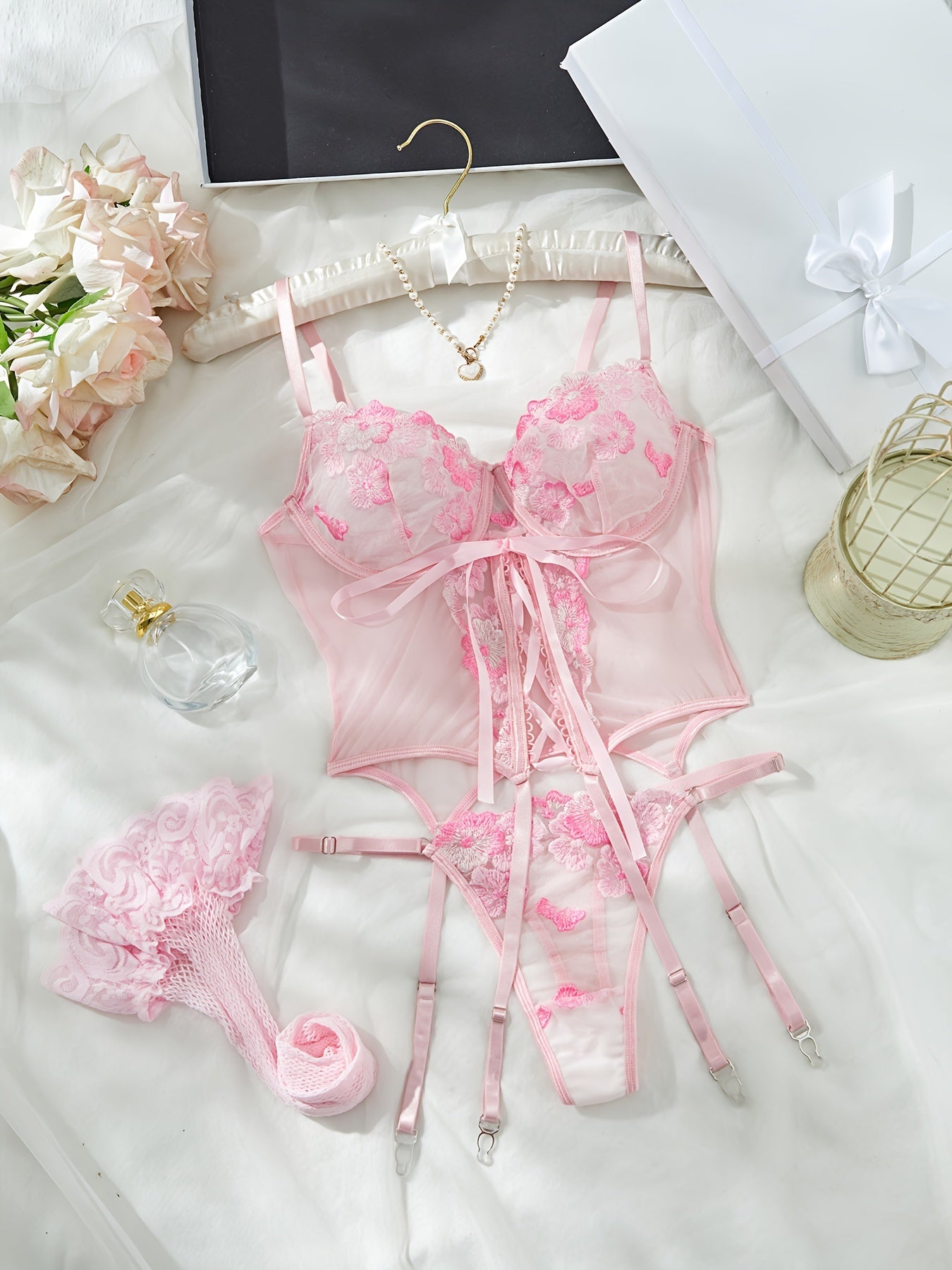 Pink Floral Embroidery Lingerie Set with Garter Belt and Stockings 4-Piece
