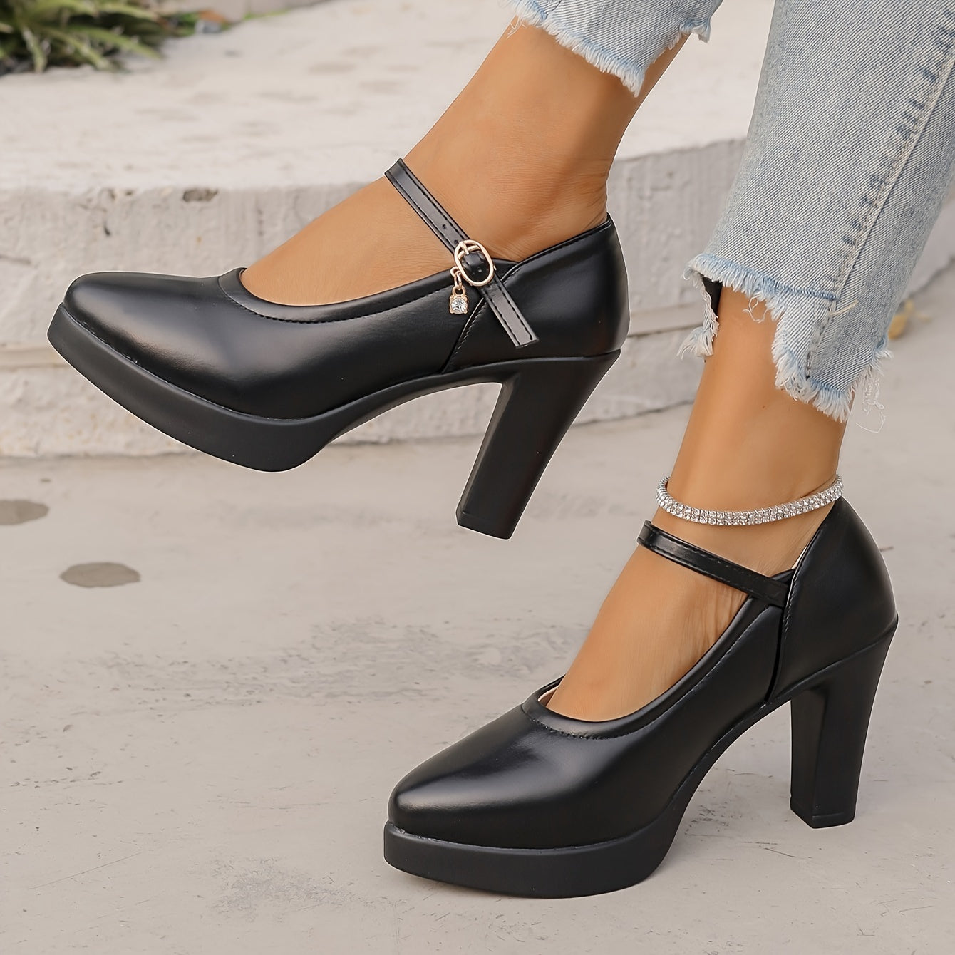 Women's Black Synthetic Pointed-Toe Block Heel Mary Jane Pumps for Office and Formal Events