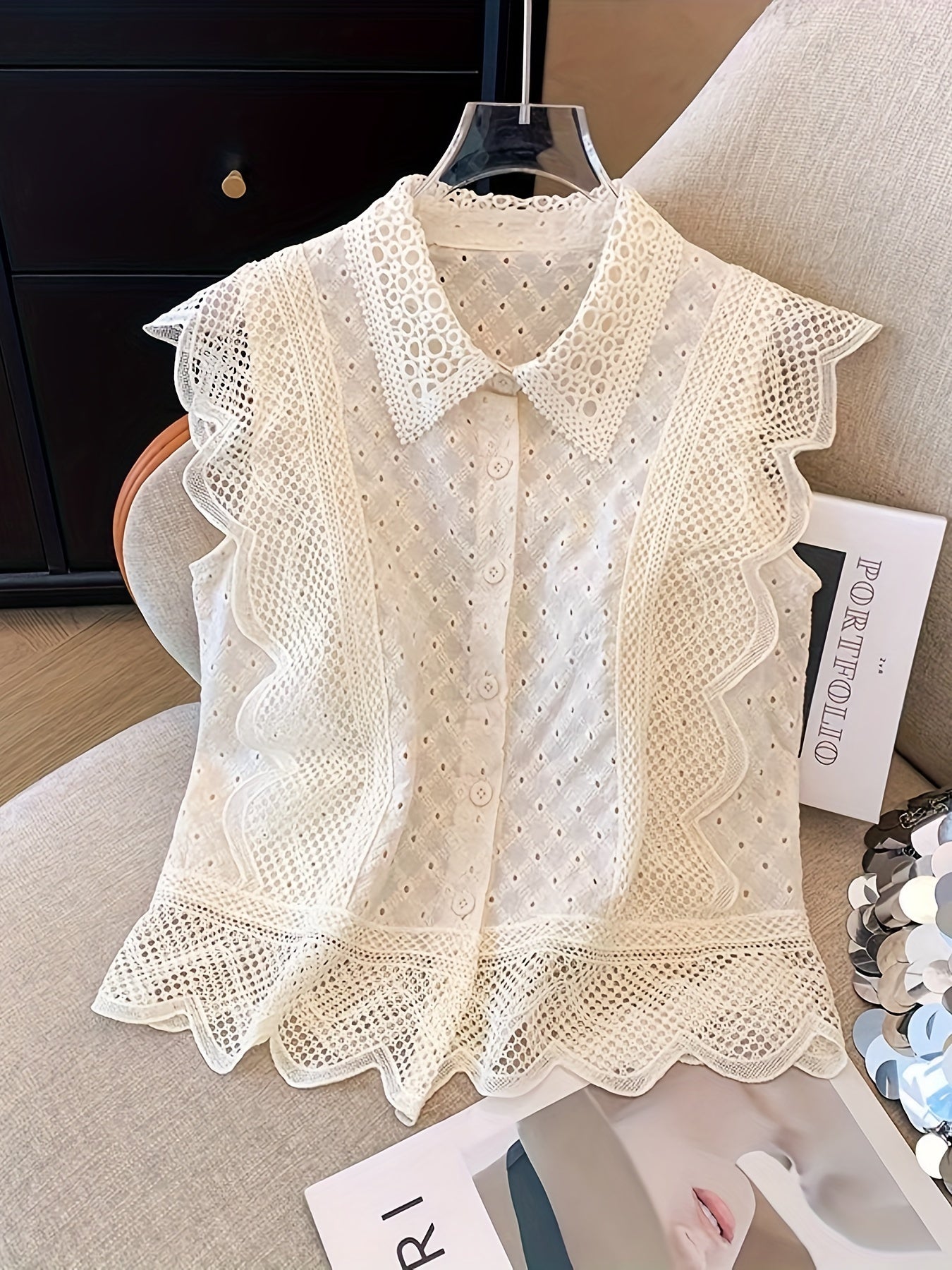 Women's Summer Cotton Blouse with Embroidered Lapel Collar and Single Breasted Placket