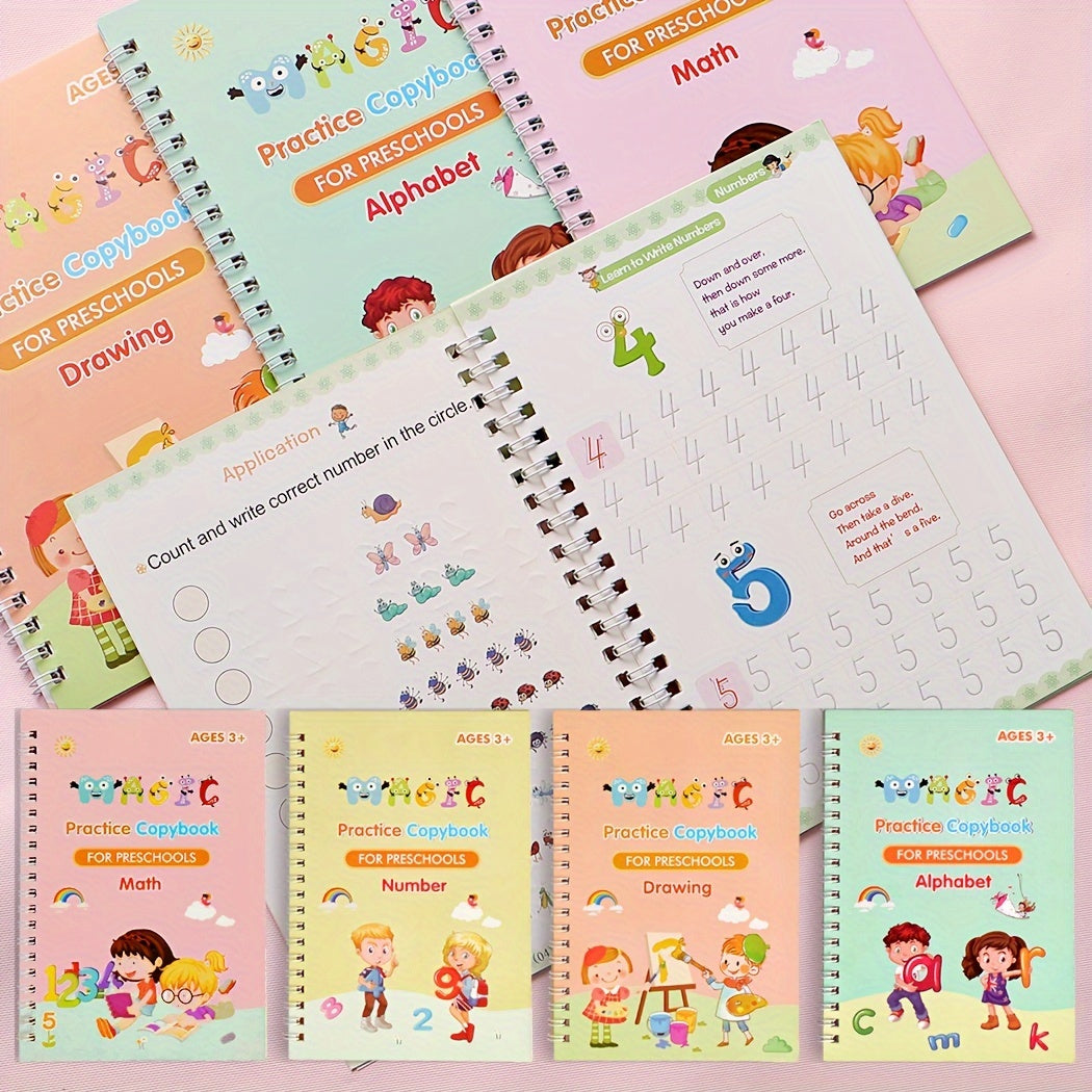 Children's Practice Copybooks Set with Reusable 3D Groove Writing Pad for Kids Ages 3-6