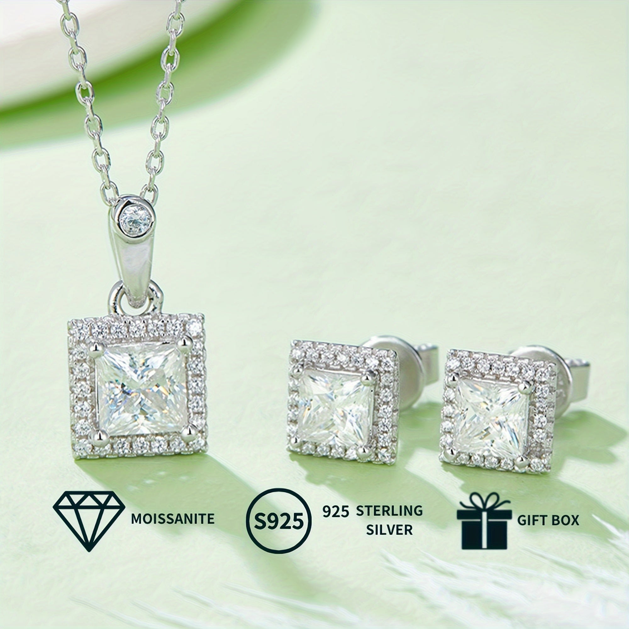 Square Moissanite Jewelry Set for Women with Necklace and Earrings Sterling Silver Engagement Wedding Anniversary Gift
