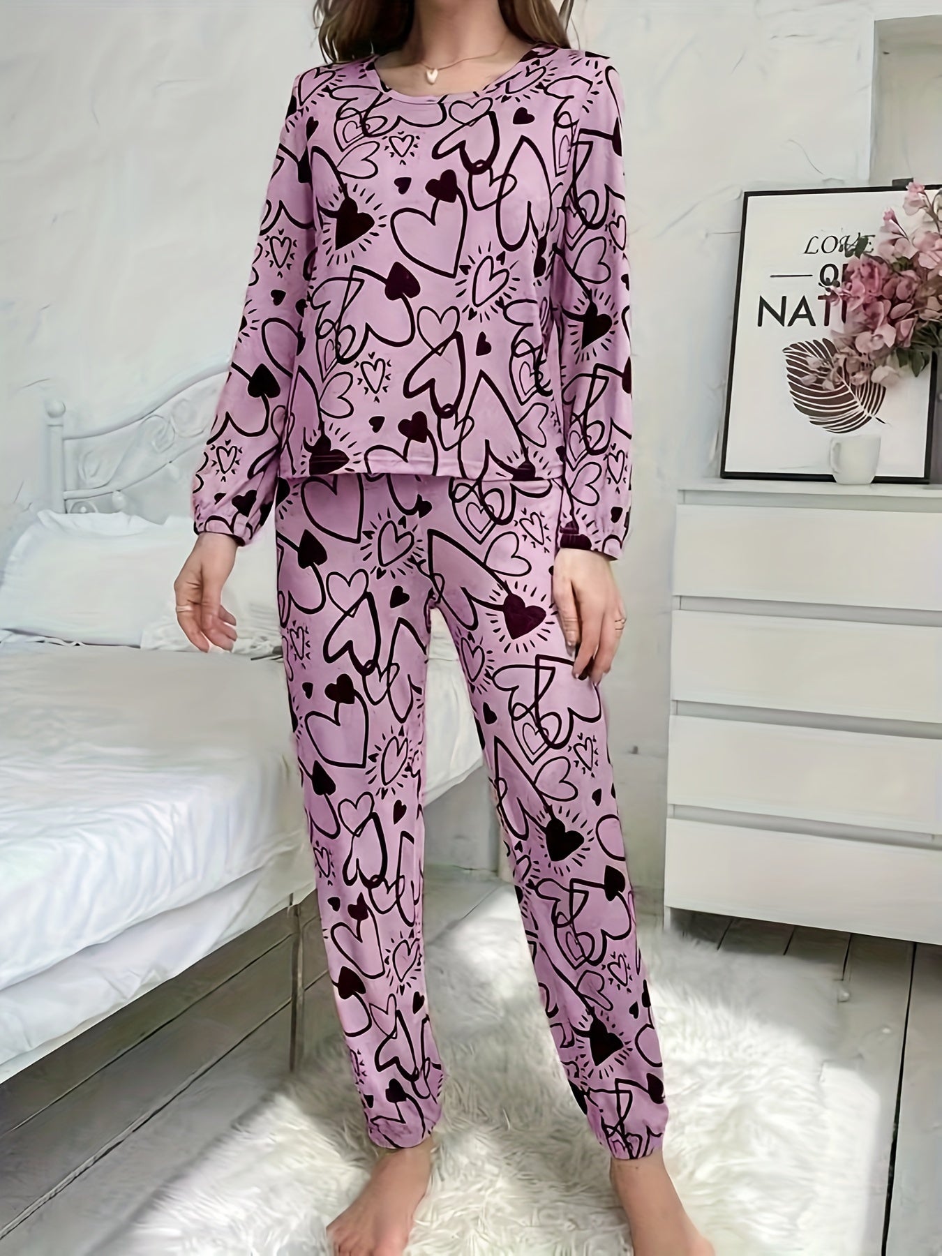 Women's Heart Print Lounge Set Long Sleeve Crew Neck Pajama Set Elastic Waist Pants for Sleepwear