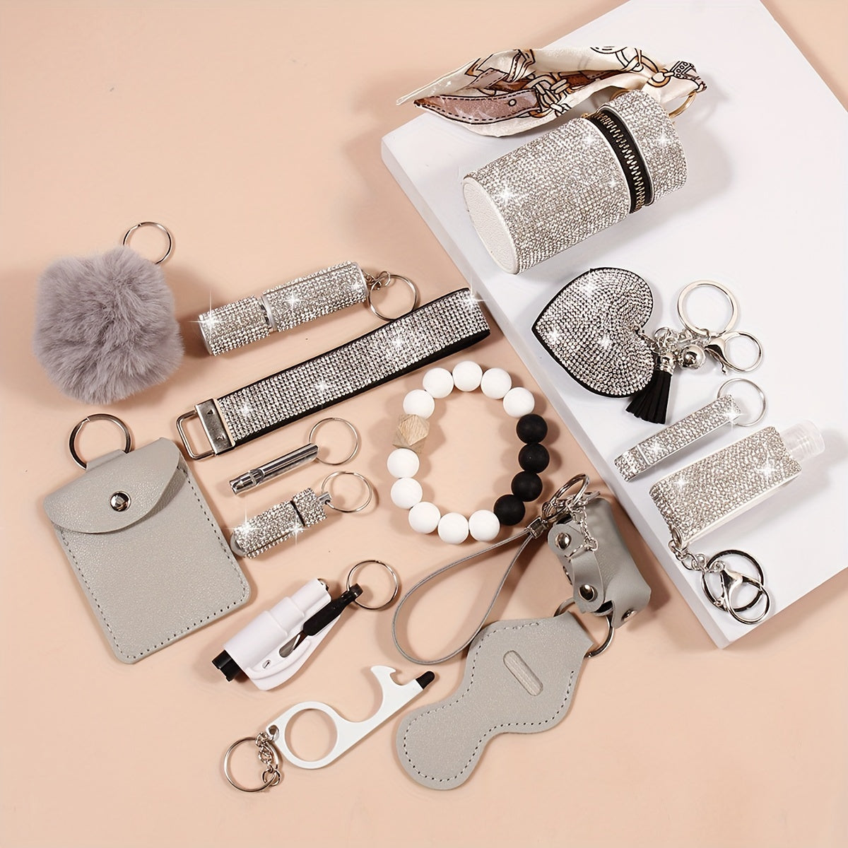 Set of 15 Rhinestone Safety Keychains with Wristlet, Pouch, Pom Pom Card Holder and Accessories