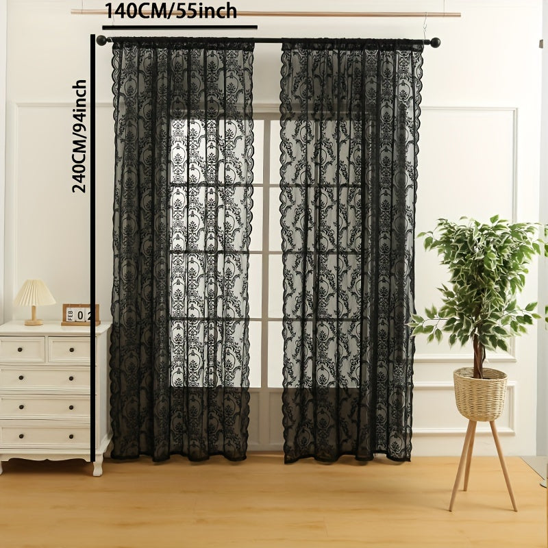 Black Lace Curtain for Bedroom Living Room Kitchen Office with Rod Pocket