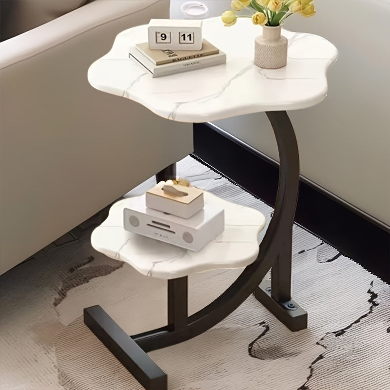 Mesa lateral en forma de pétalo de madera y metal, estilo art déco, doble capa, para sala de estar y dormitorio