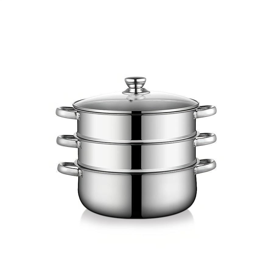 Stainless Steel Steamer Set 4 Pieces with Large Capacity 2 Tiers Soup Pot Lid