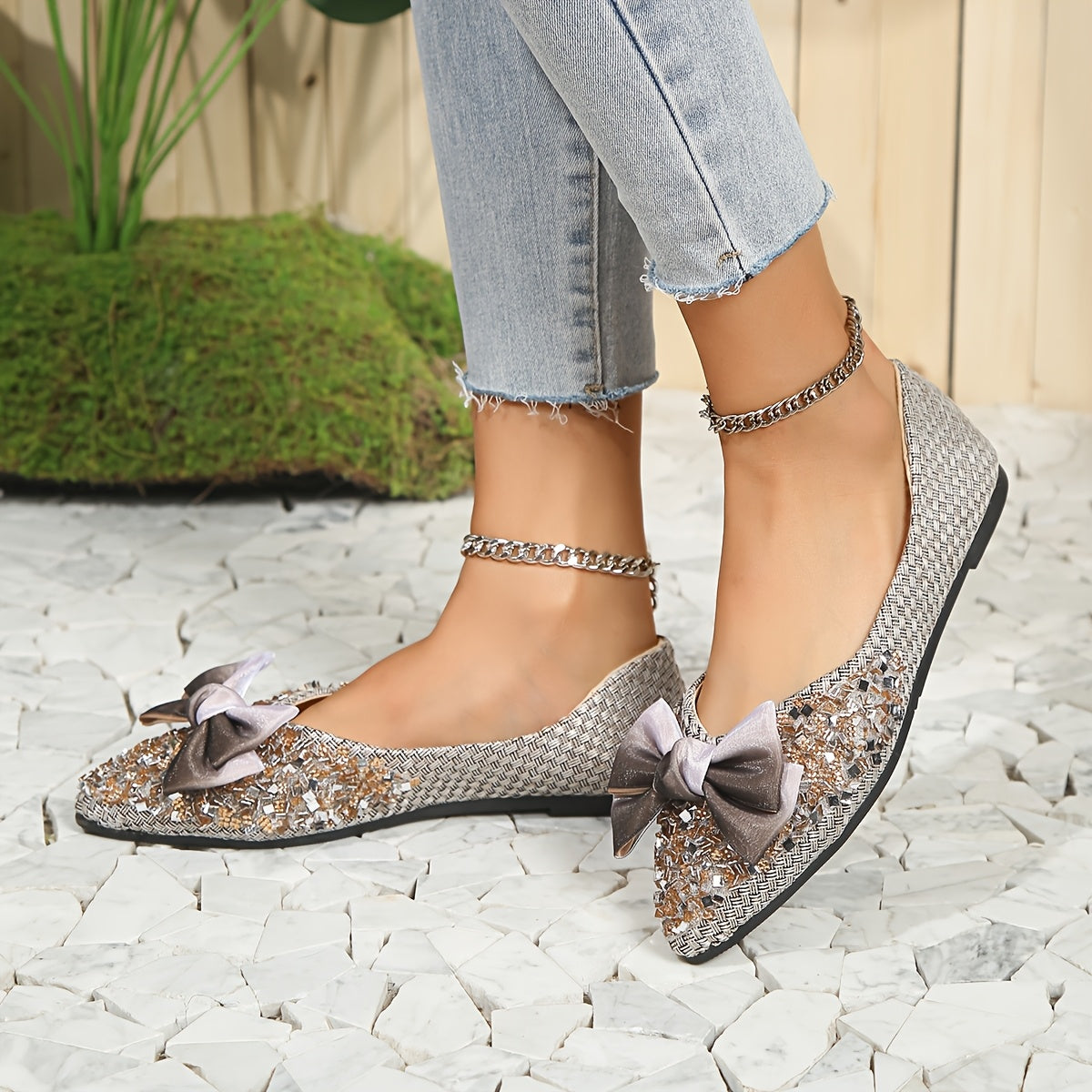 Women's Glittery Sequin Slip-On Flats with Bowknot and Non-Slip Sole