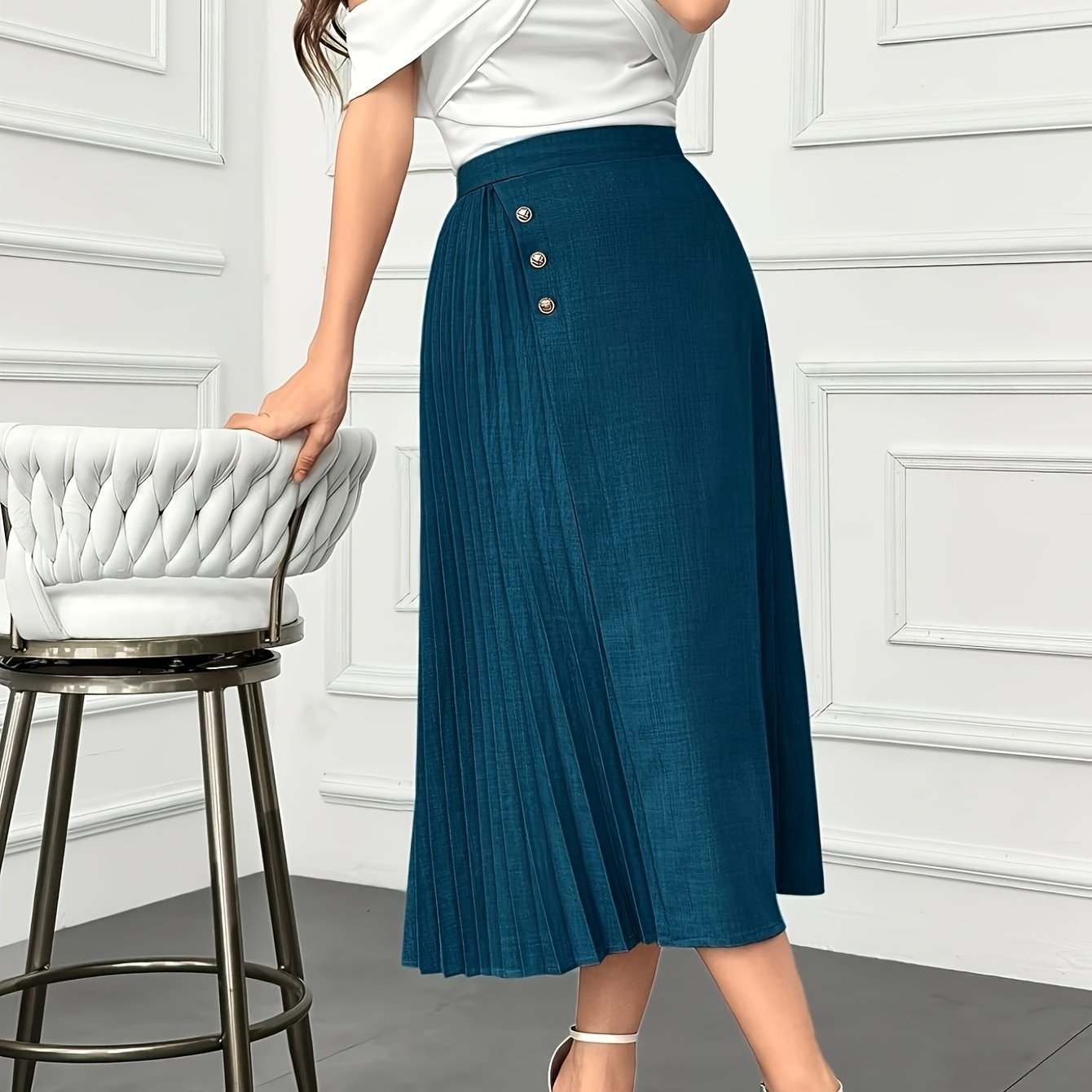 Plus Size Dark Blue Pleated Midi Skirt Ruffled Hem Belted Waist