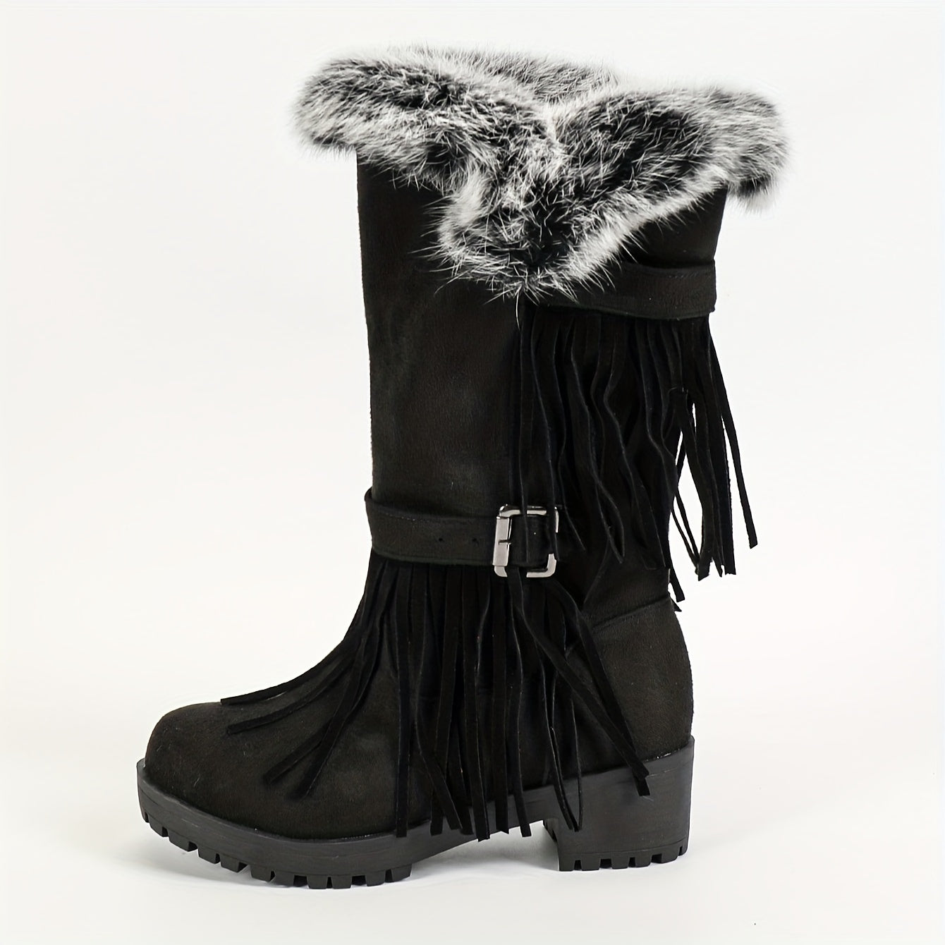 Женские зимние сапоги до середины икры с искусственным мехом, бахромой, в стиле combat, на slip-on, с круглым носком