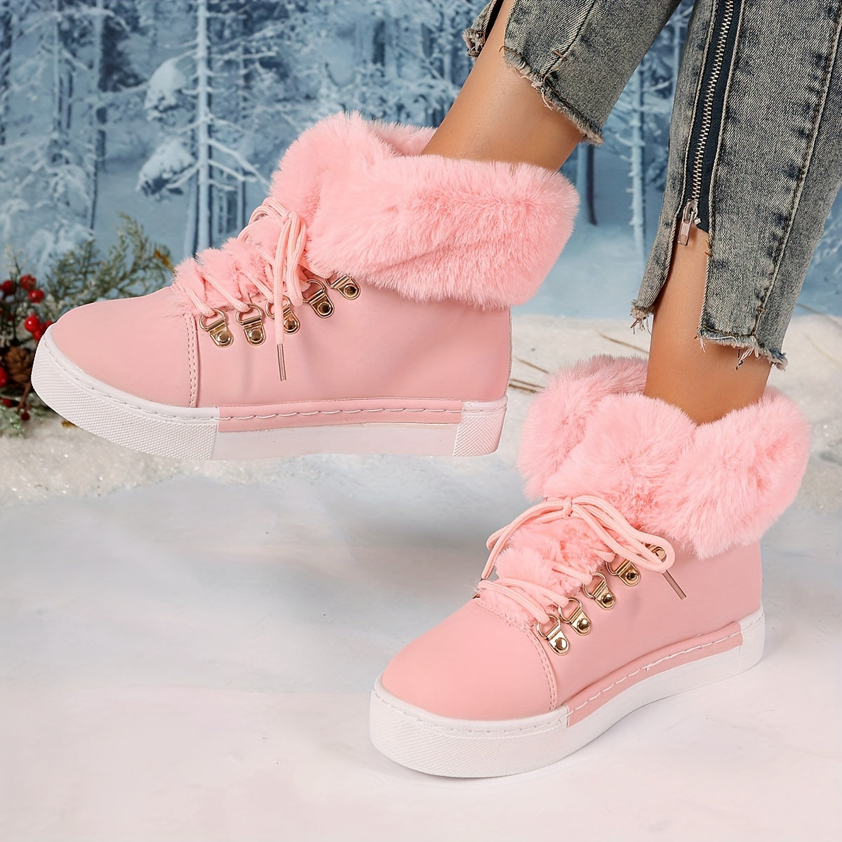Women's Plush-Lined Winter Sneakers with Tiger Buckle in Black Pink