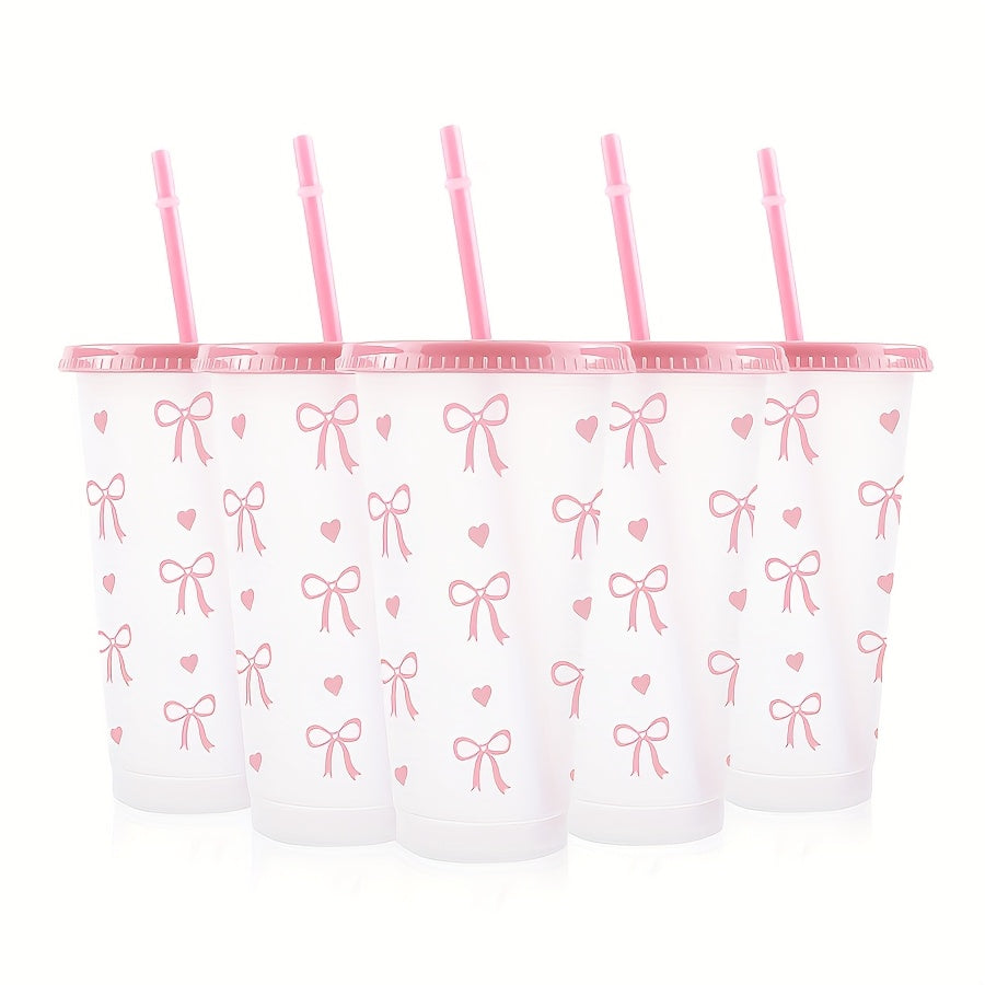 Reusable Plastic Water Cups with Lids and Straws Heart and Bow Print Leak-Proof and Reusable