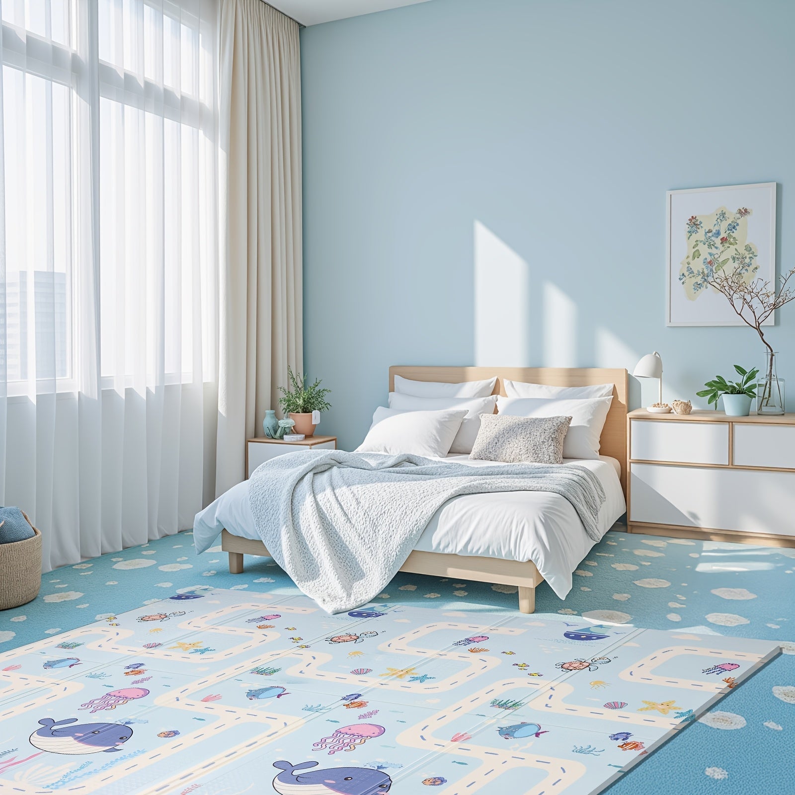 Waterproof Play Mat for Crawling and Walking Blue Cartoon Animal Design Non-Slip Foldable Nursery Floor Mat