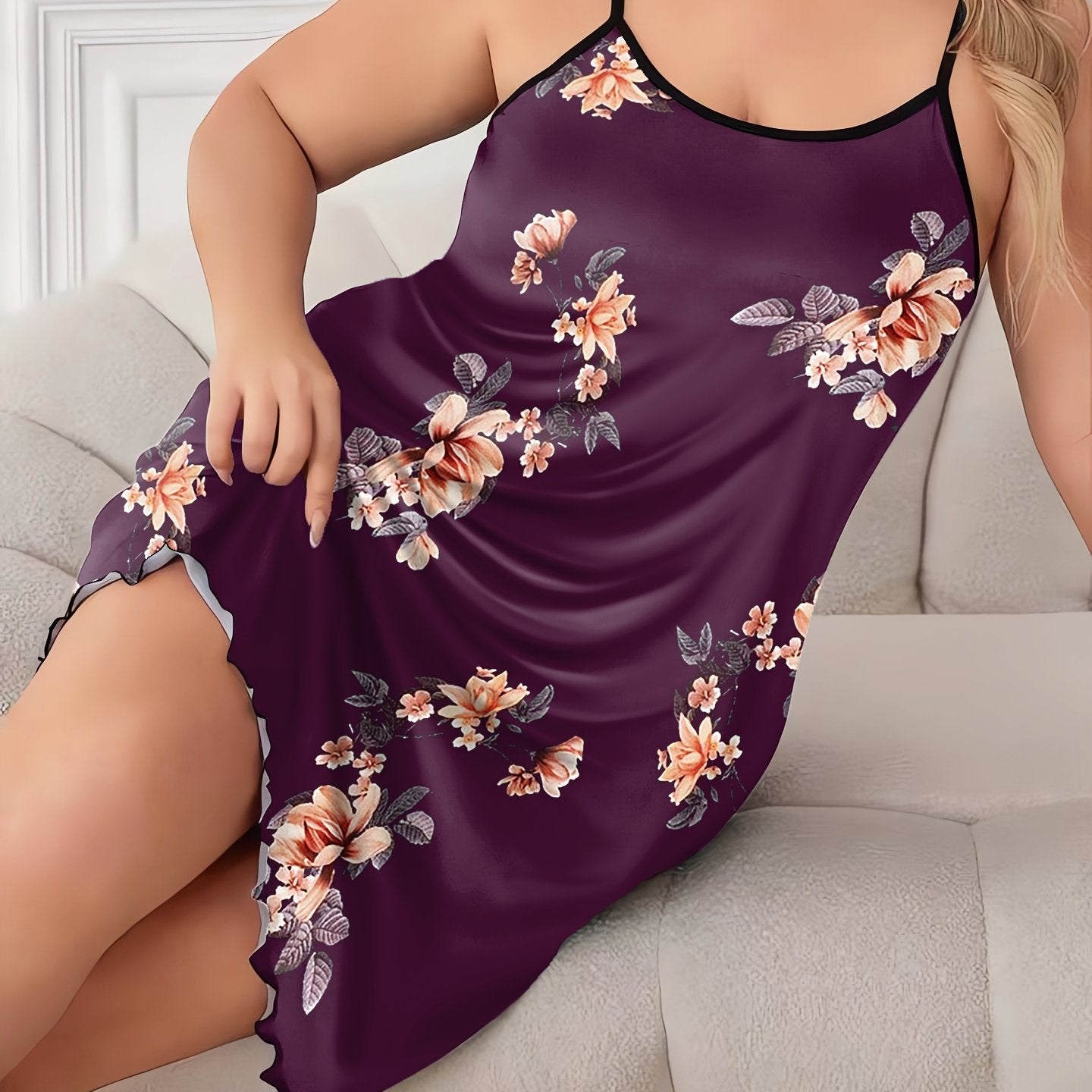Женская ночная рубашка больших размеров с цветочным принтом и без рукавов, с рюшей