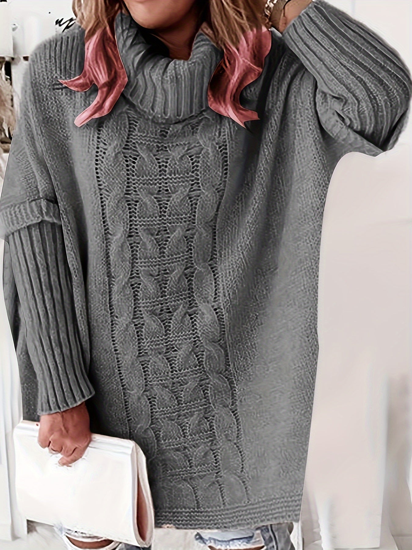 Plus Size Women's Turtleneck Sweater Long Cable Knit Fall Winter Casual and Office Wear