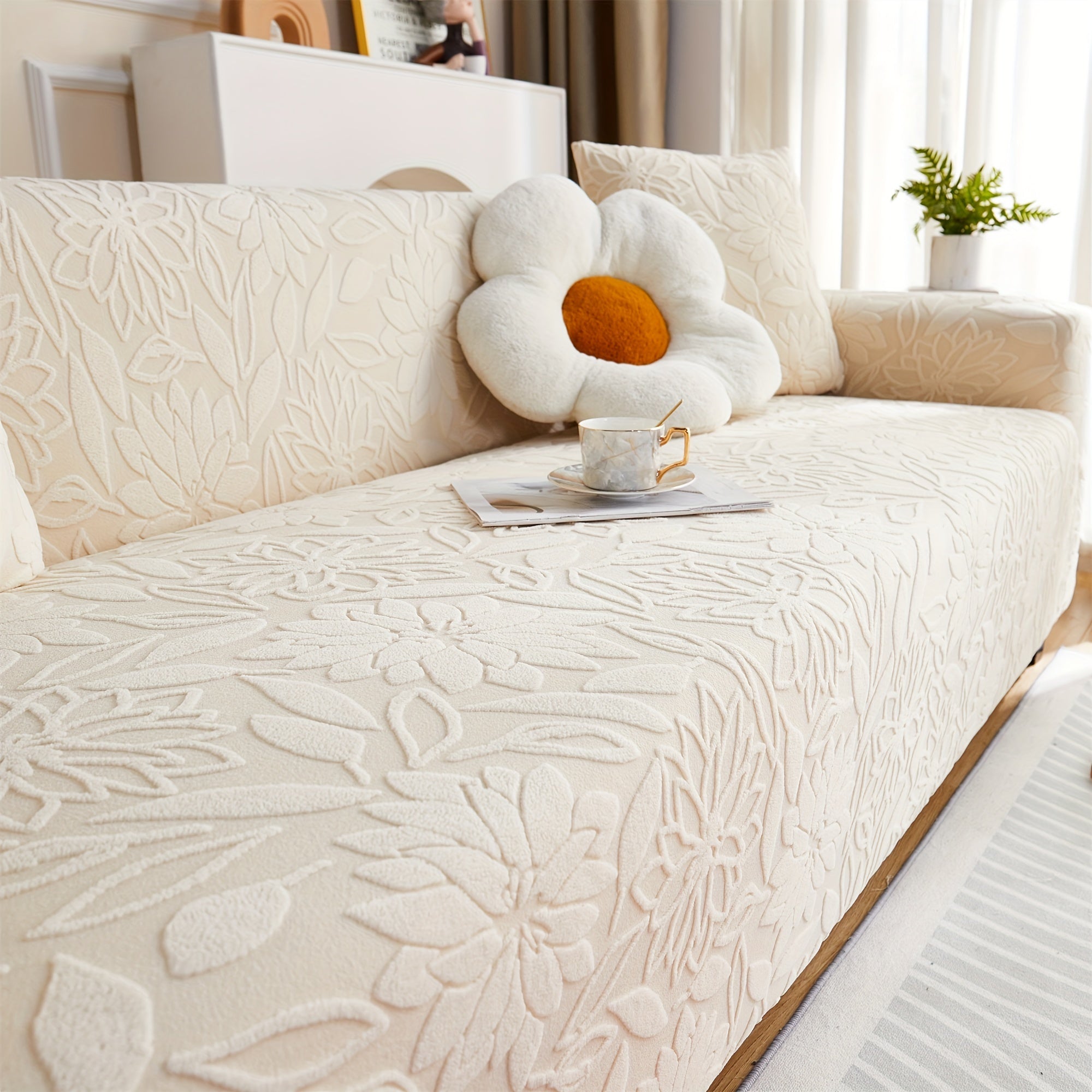 Camellia Jacquard Sofa Cover with Elastic Band and Matching Pillowcase Fits All Sizes Machine Washable