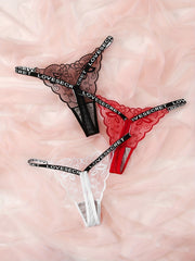 Women's Floral Lace Mesh Thongs Set with Sheer Letter Tape 3-Pack
