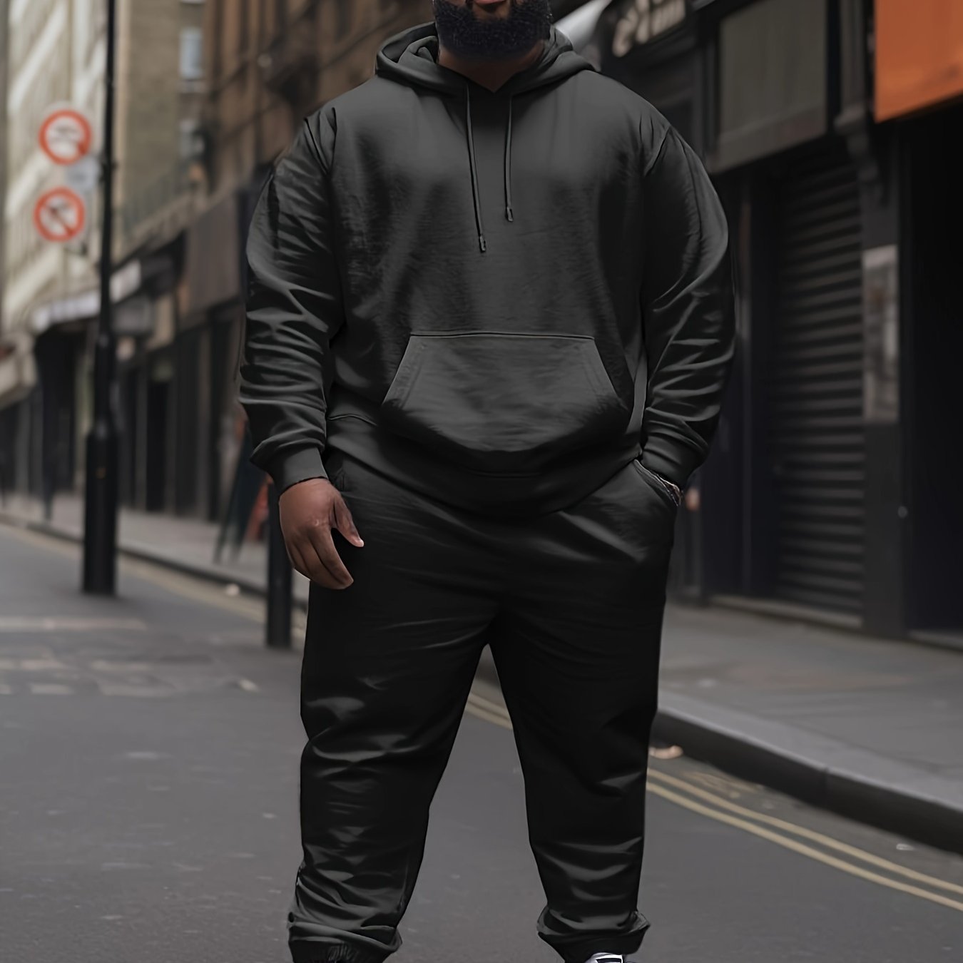 Men's Plus Size Hooded Casual Tracksuit 2pcs Solid Polyester Regular Fit Sports Set