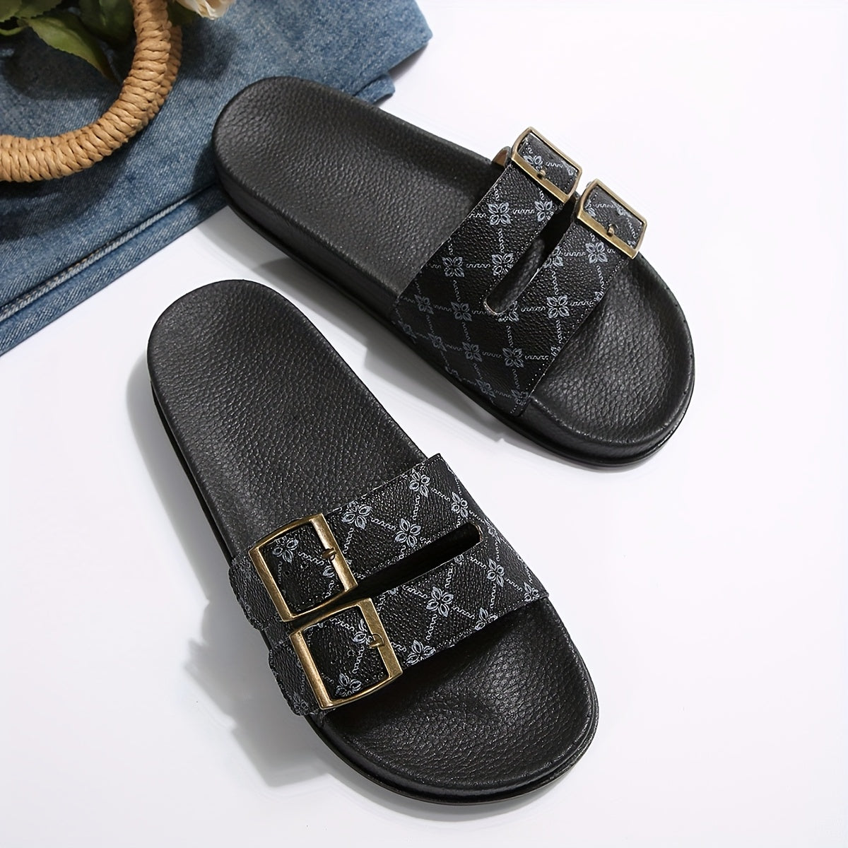 Women's Summer Faux Leather Slide Sandals with Floral Print and Double Buckle