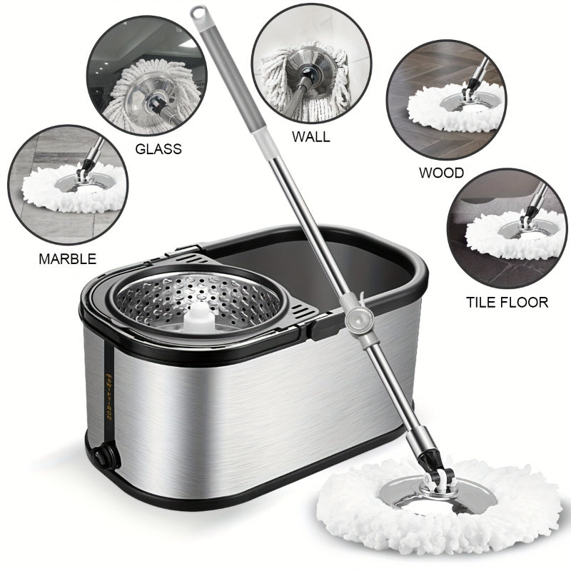 Stainless Steel Spin Mop and Bucket Set with Reusable Pads for Wet Dry Floor Cleaning