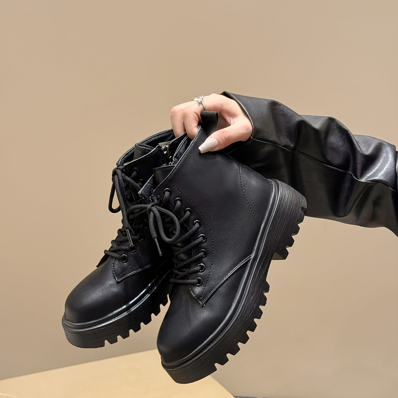 Women's Black Platform Ankle Boots with Zipper, Low Heel, All-Season