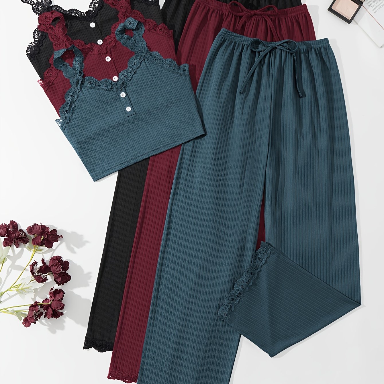 Women's Ribbed Lounge Set with Lace Trim Crop Cami Top and Long Pants