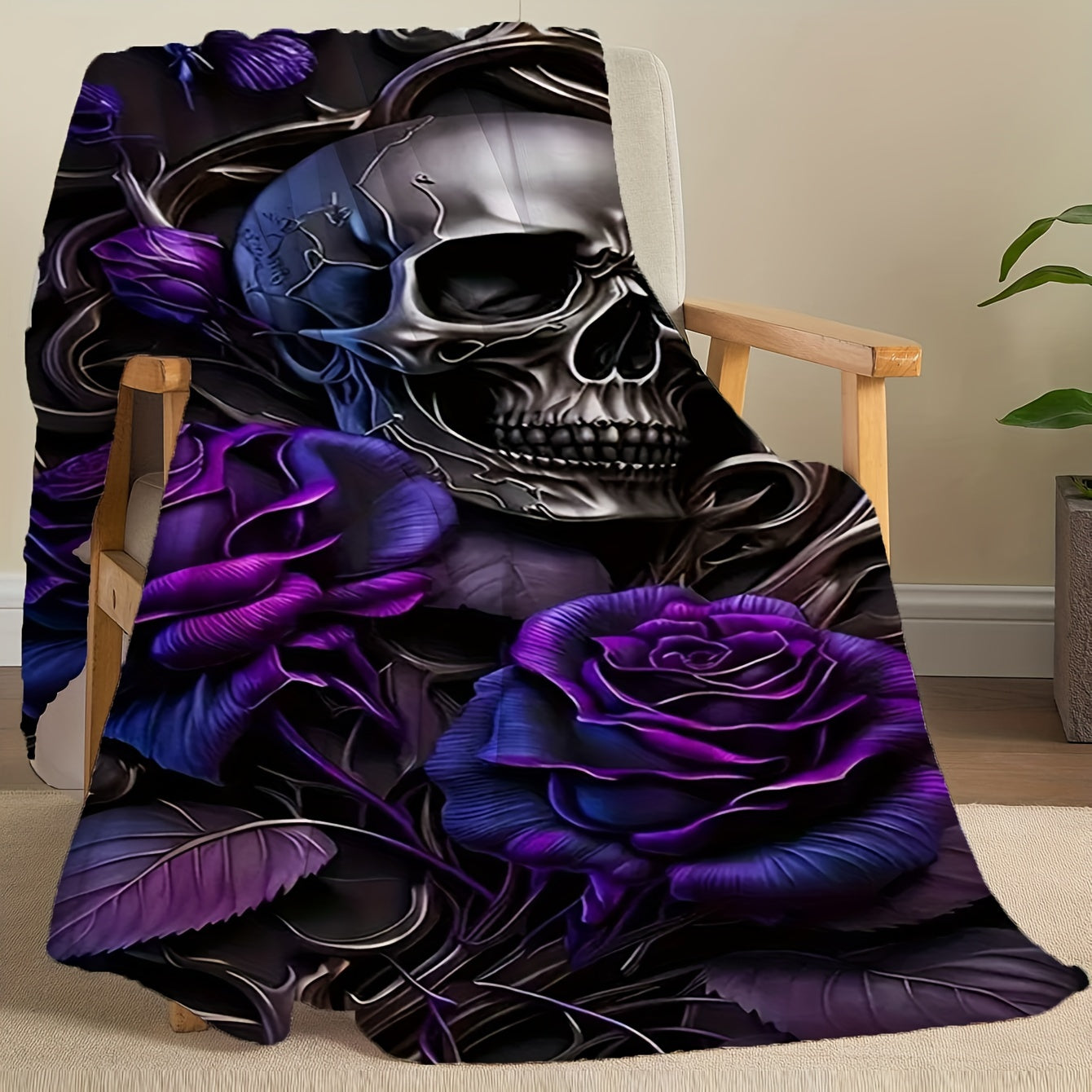 Hypoallergenic Flannel Throw Blanket with Skull and Roses Print for Adults and Kids