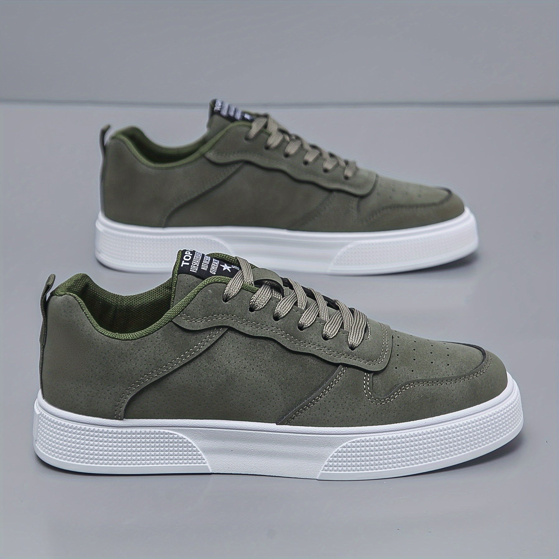 Men's Olive Green Lace-Up Sneakers with White Sole Breathable Fabric Outsole