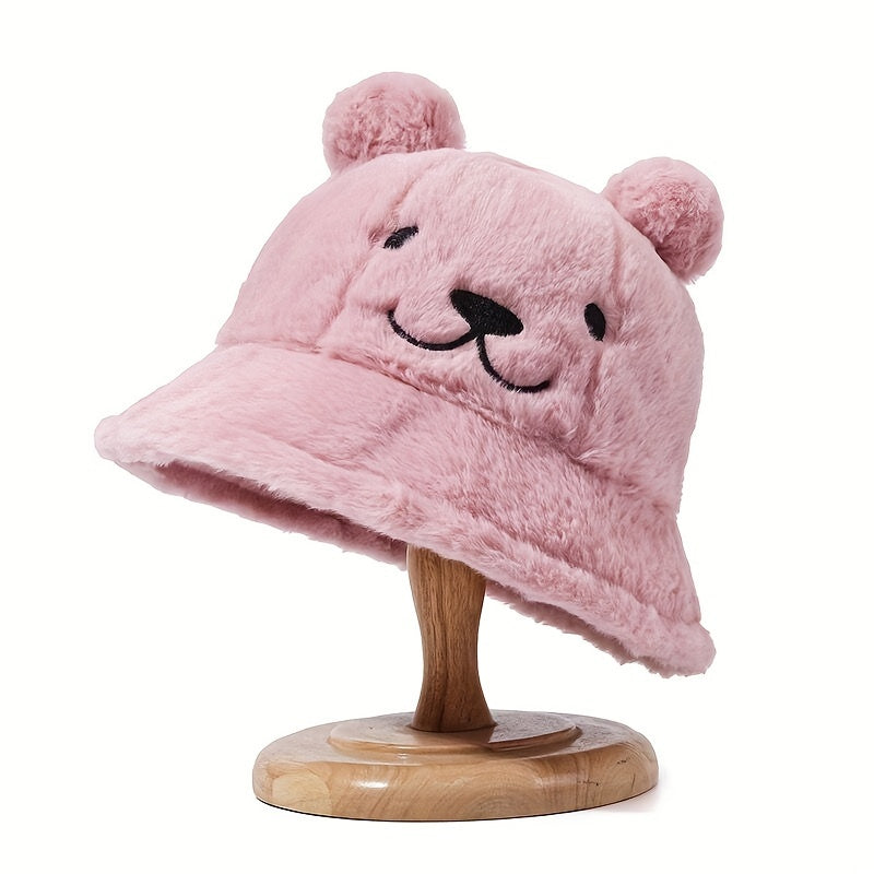 Women's Fuzzy Bucket Hat with Bear Embroidery Yellow White Cozy Winter Wear