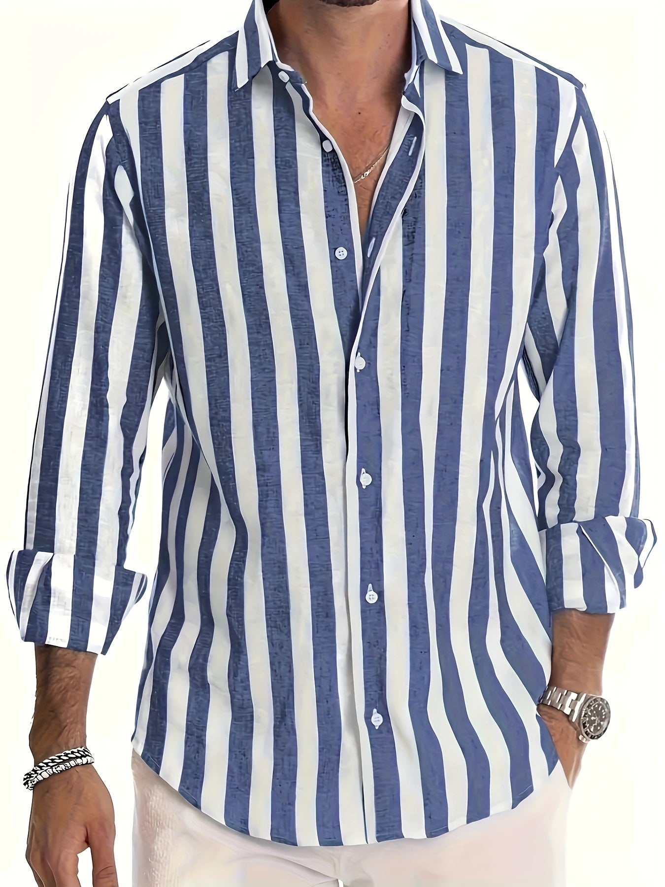 Men's Cotton Linen Striped Long Sleeve Shirt Casual White Brown for Beach Vacation and Date Night