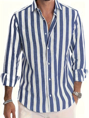 Men's Cotton Linen Striped Long Sleeve Shirt Casual White Brown for Beach Vacation and Date Night