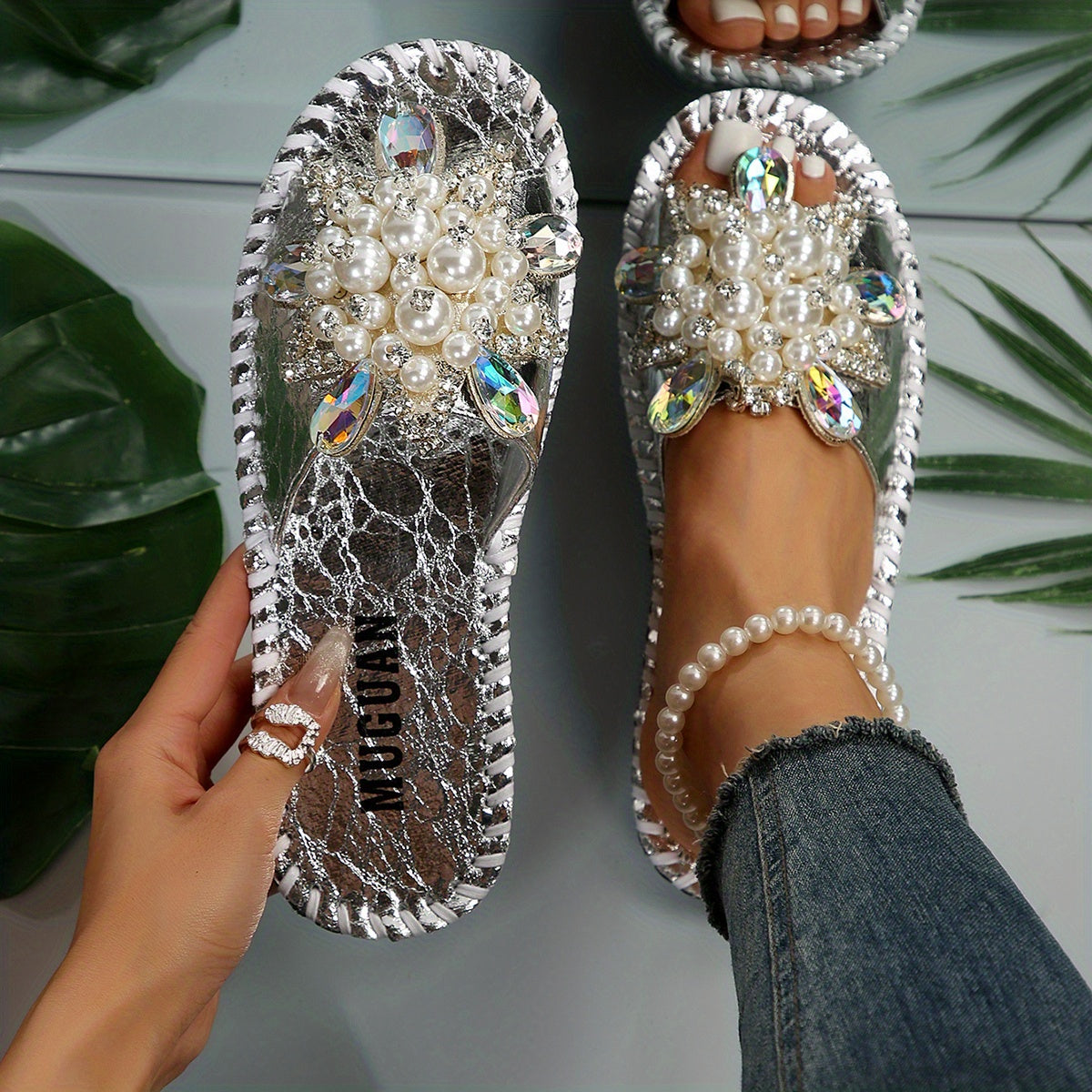 Women's Hand Stitched Floral Rhinestone Pearl Open Toe Slippers for Outdoor Casual