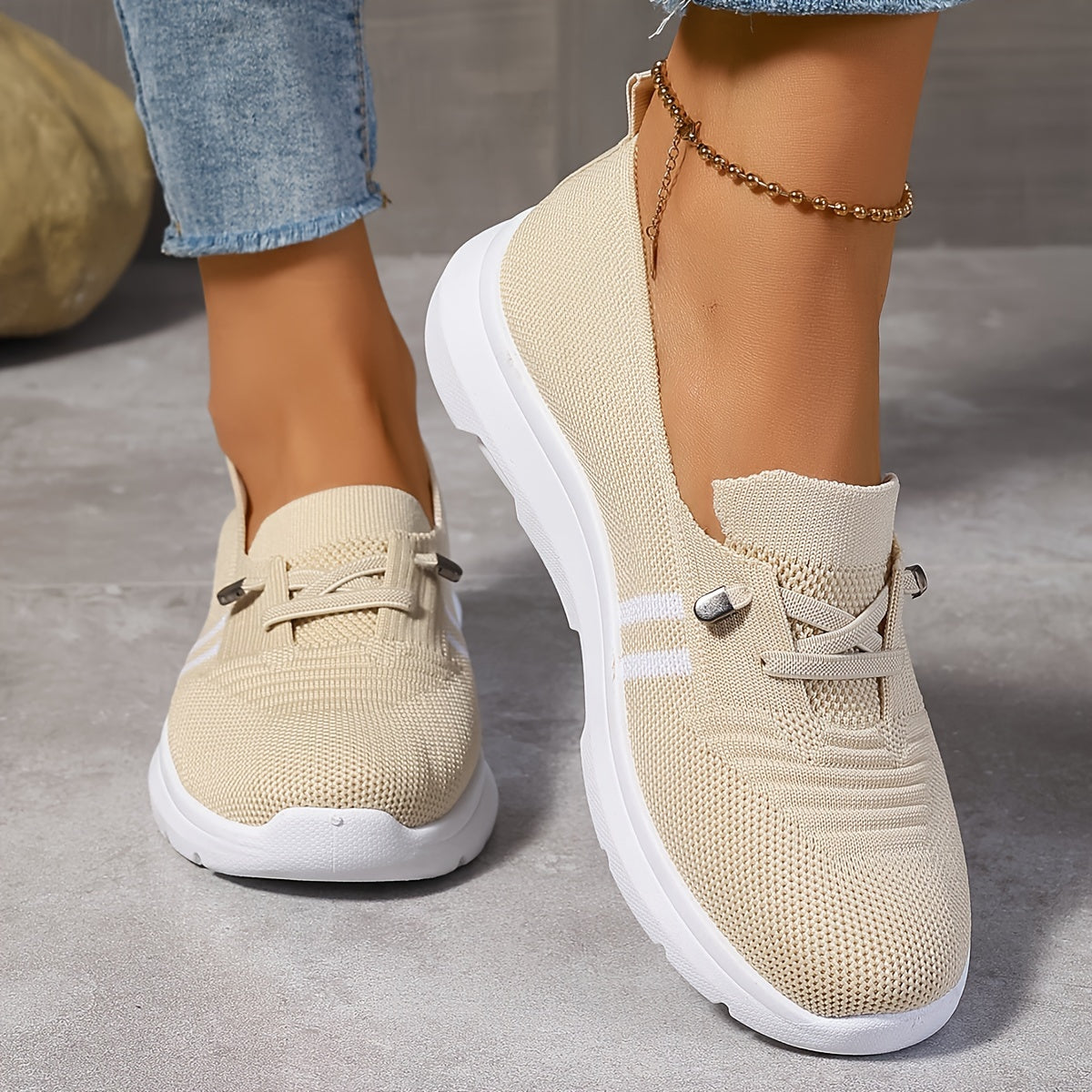 Ladies Breathable Casual Slip-On Sneakers Low Top Fabric Stripes