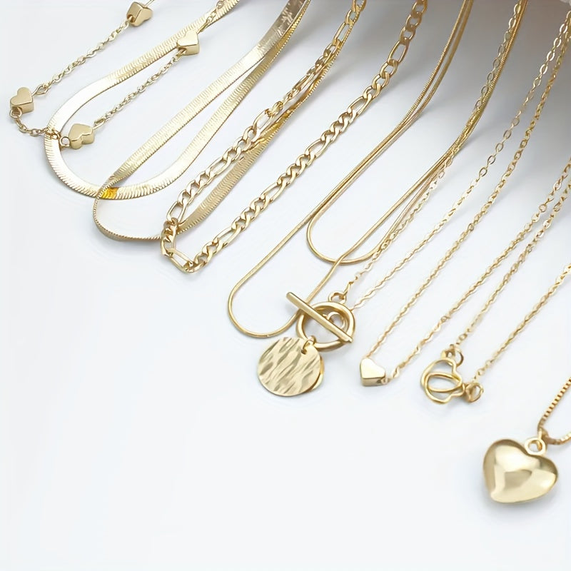 Винтажное ожерелье с сердечными и геометрическими подвесками, включает змеиные цепочки и застежку OT, идеально подходит для повседневной носки и вечеринок. Отличный подарок на День святого Валентина.