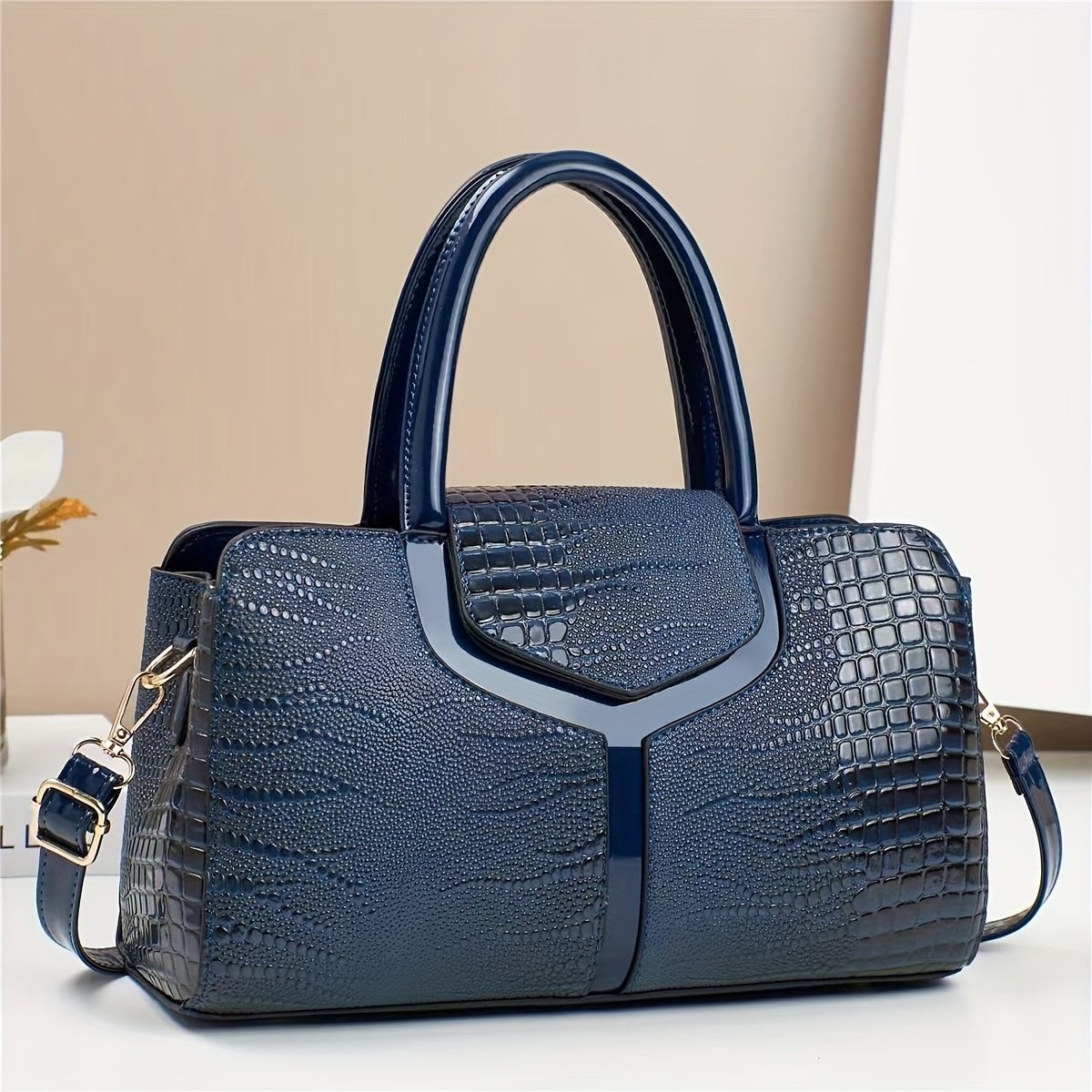 Women's Crocodile Pattern Leather Handbag with Adjustable Strap and Zipper Closure