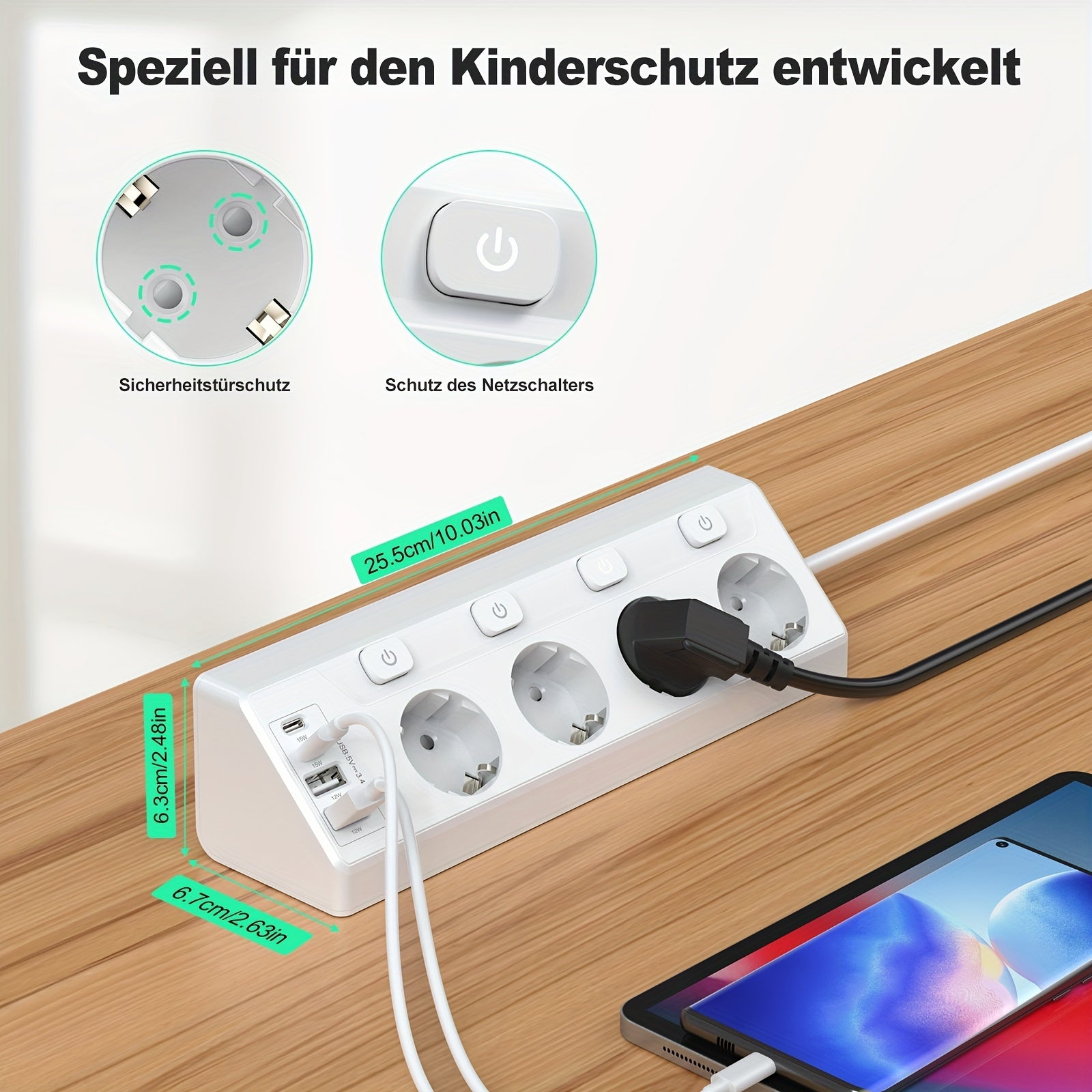 Multi-Socket Power Strip with USB and Type-C Sockets Surge Protection Stainless Steel Front 2m Cable
