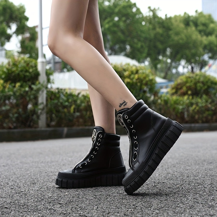 Women's Black High-Top Platform Boots with Zipper and Metallic Accents