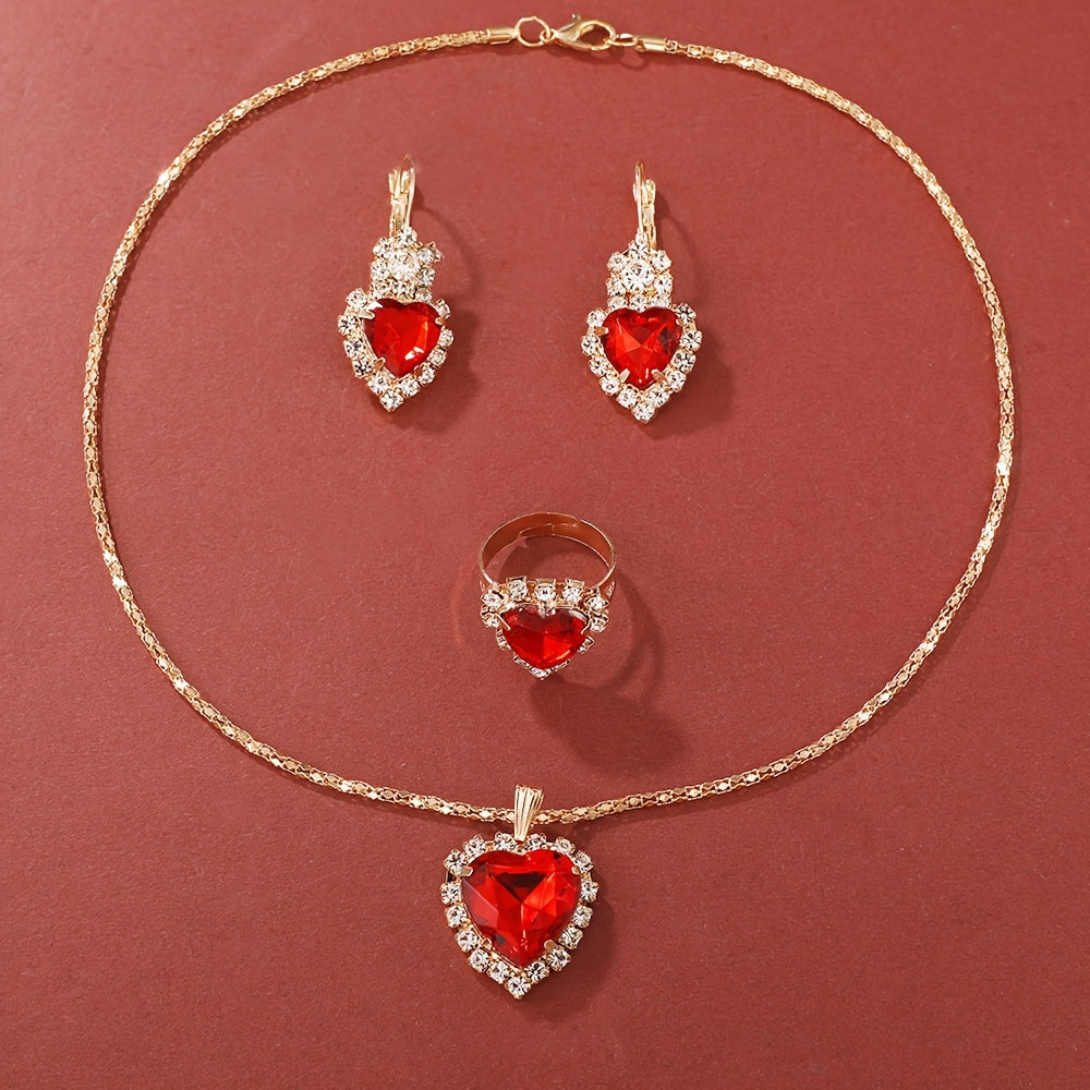 Women's Heart Quartz Watches Set with Rhinestone Accents and Matching Jewelry