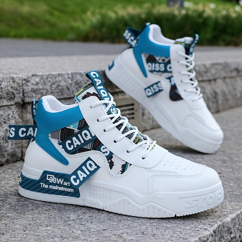 Men's High-Top Lace-Up Sneakers with Cartoon Accents Breathable Faux Upper for Running and Skateboarding