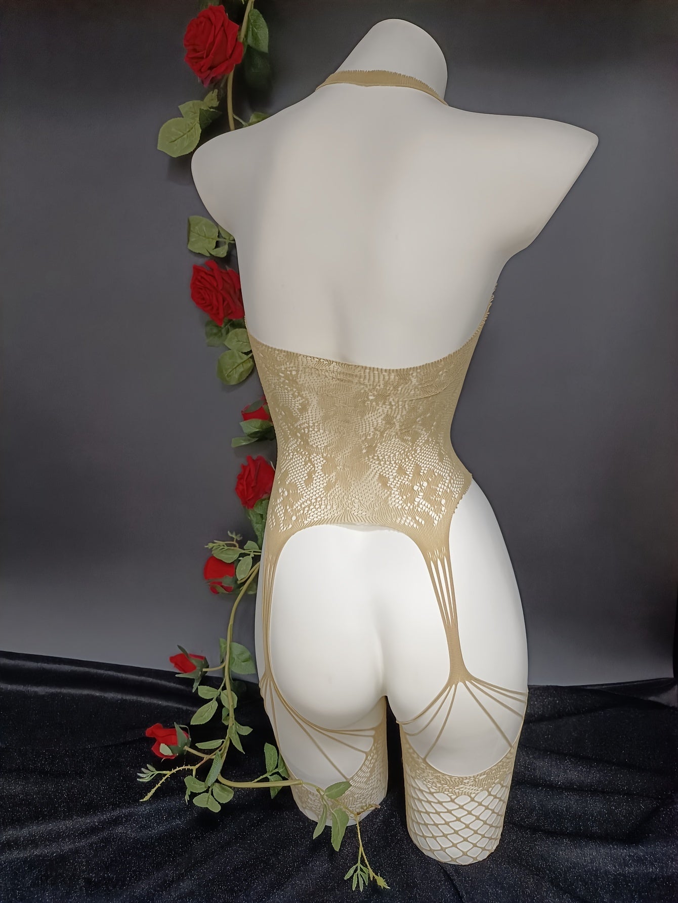 Body de lencería para mujer de jacquard con abertura en la entrepierna, medias de red y vestido con liga