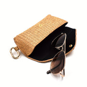Woven Straw Eyeglass Case for Women with Protective Sleeve and Hook