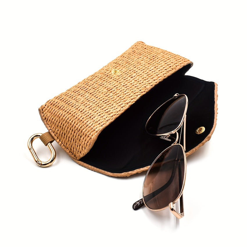 Woven Straw Eyeglass Case for Women with Protective Sleeve and Hook