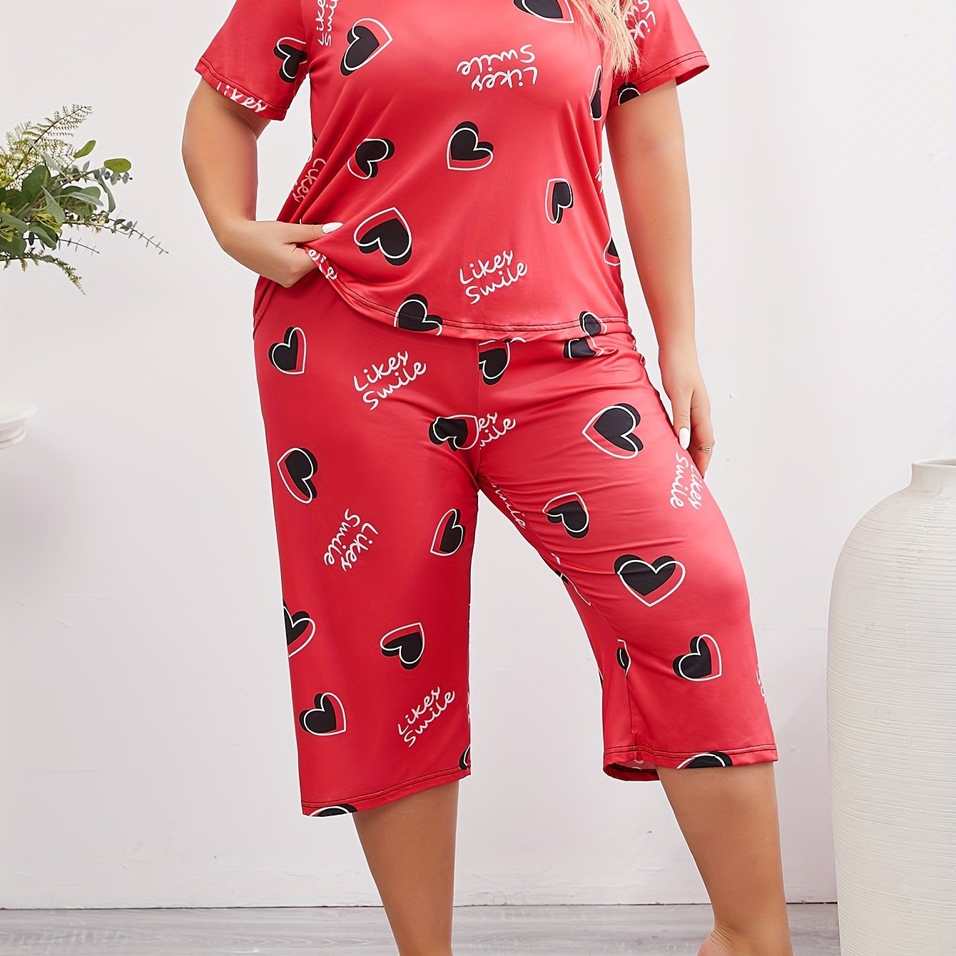 Women's Plus Size Heart and Letter Print Pajama Set Short Sleeve Lounge Two Piece