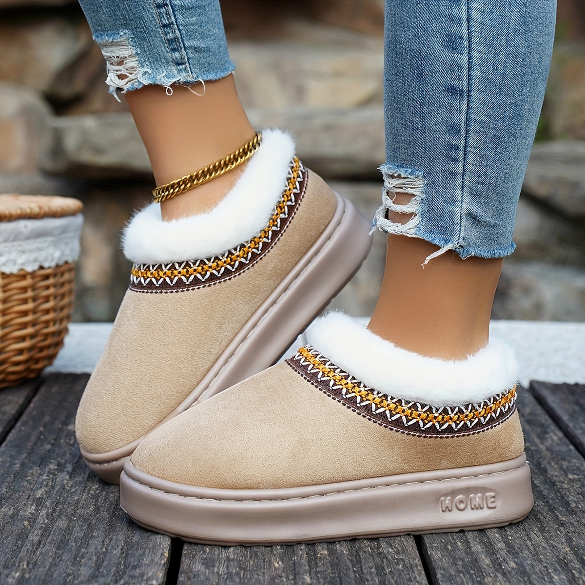 Women Cozy Fleece Lined Slippers Warm Brown Indoor Slip-Ons