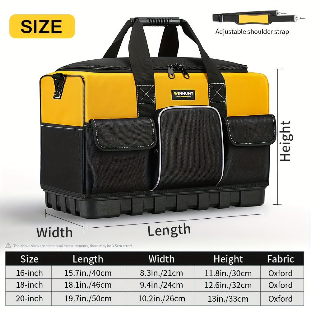Large Waterproof Heavy Duty Tool Bag with Molded Base Polyester Black Yellow Adjustable Shoulder Strap