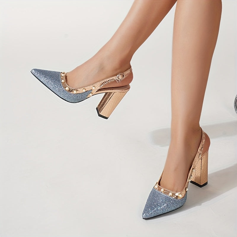 Women's Summer Beaded Pointed Toe Heeled Sandals With Thick Soles