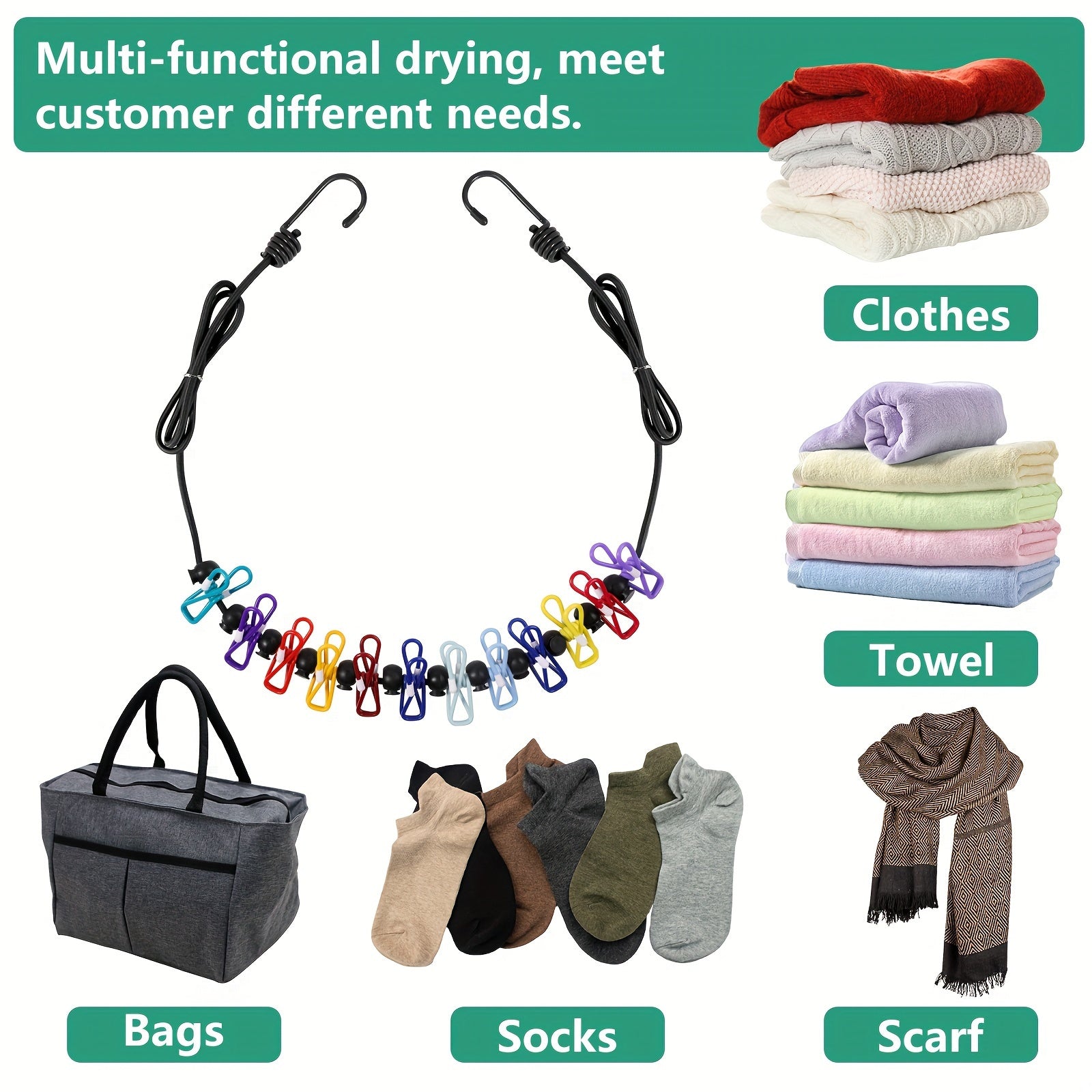 Portable Retractable Clothesline with 2 Towels and 12 Clothespins for Indoor Outdoor Use